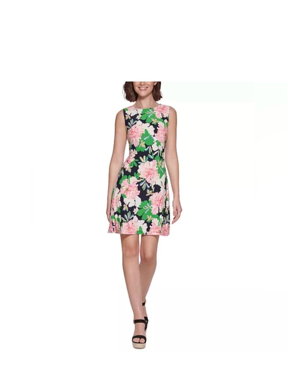 Tommy Hilfiger Navy Floral Sleeveless A-Line Dress with Pink & Green Blooms